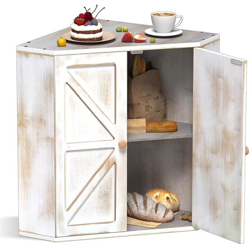 VEDECASA Bambuko duonos dėžė kampinė 2 pakopų duonos dėžė virtuvei Bambuko kampinė duonos dėžė Didelė duonos laikymo talpykla virtuvės stalviršiui 31 x 31 x 42 cm senamadiška balta