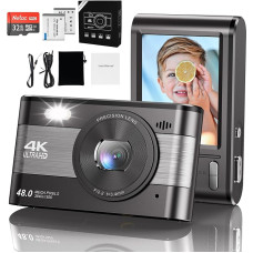Skaitmeninis fotoaparatas, 4K HD kompaktiškas fotoaparatas, 1080P fotokamera, 48 MP fotoaparatas, 18 kartų priartinimas, mažas fotoaparatas su LCD ekranu, nemokama 32 GB SD kortele ir baterija vaikams, paaugliams ir vyresnio amžiaus žmonėms (sidabrinis)