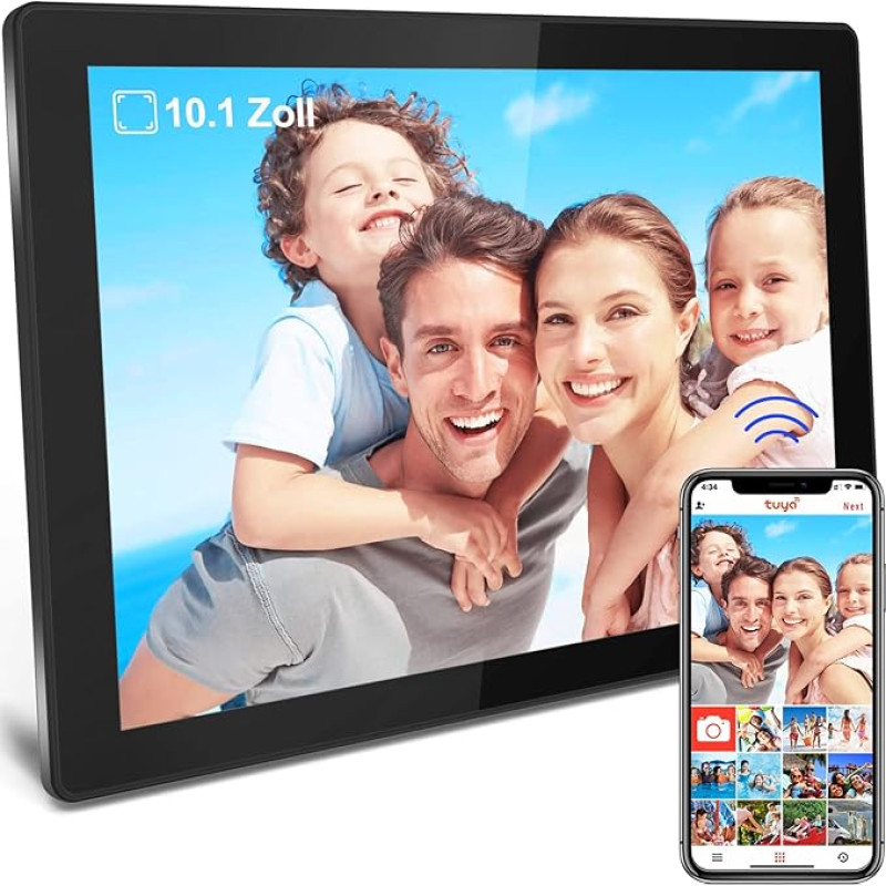 Digital Photo Frame WiFi, 10.1 Inch IPS HD Touchscreen Electronic Photo Frame 1280P with 16GB Memory, Automatic Rotation, Video and Photos Instantly, iOS and Android, Black