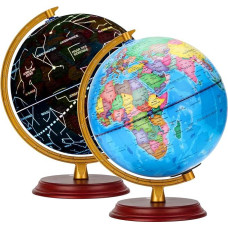 EXERZ 20 cm šviečiantis medinis gaublys - žemėlapis vokiečių kalba - studentų gaublys - politinis žemėlapis (dienos metas) - žvaigždynų žvaigždės (naktis) - šviečiantis LED šviestuvas