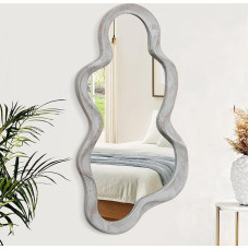 Lzuso Irregular Cloud Wall Mirror Asymmetrical Mirror Modern Wooden Frame Unique Shape Wall Mounted Artistic Mirror Decor for Living Room Bedroom Bathroom Hallway Large Grey