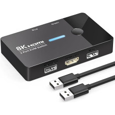TJCXELE 8K60Hz HDMI KVM jungiklis 2 kompiuteriai 1 monitorius USB 2.0 2 prievadų KVM jungikliai 2 kompiuteriams, 1 monitoriui, klaviatūrai, pelei ir spausdintuvui su staliniu valdikliu ir 2 USB kabeliais, 