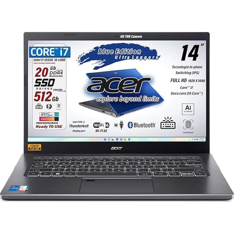 Acer Notebook Intel Core i7-1255U, 10 Core, 20GB RAM, SSD Pcie Nvme 512GB, 14 Inch FHD IPS Display, Backlit Keyboard, Fingerprint, Thunderbolt, Ultralight, Win 11Pro, Blue