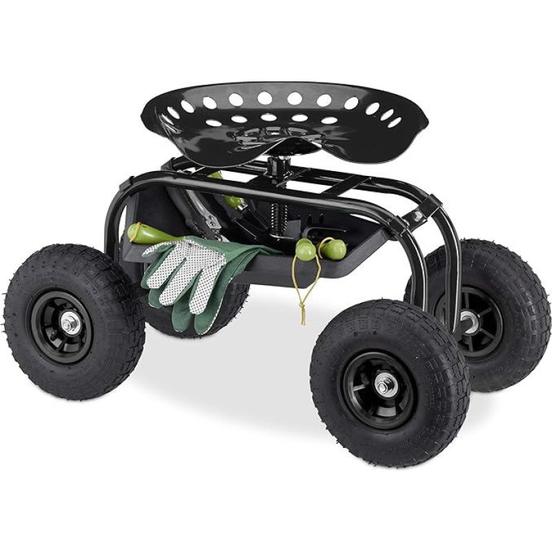 Relaxdays Roller Seat for Garden & Workshop, 150 kg, Height Adjustable 48-56 cm, Mobile Garden Seat with 4 Wheels, Black