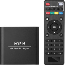 MYPIN Skaitmeninis 4K MP4 grotuvas 14TB HDD/USB diskui/TF kortelei/H.265 MP4 PPT MKV AVI su nuotolinio valdymo pulteliu, palaiko HDMI/AV/Optinį išėjimą ir USB pelę/klaviatūrą, HDMI iki 7.1 erdvinio garso