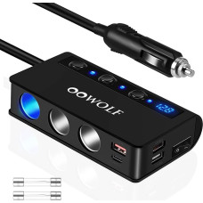 OOWOLF cigarečių žiebtuvėlio skirstytuvas, QC 3.0 Type-C USB automobilinio įkroviklio adapteris, trigubas 180 W 12 V / 24 V automobilinis skirstytuvas su voltmetro jungikliu, skirtas GPS prietaisų kamerai, telefonui, planšetiniam kompiuteriui