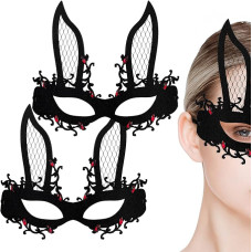 CAIRIAC Rabbit Mask, 2 Pieces Half Venetian Masquerade Ball Bunny Mask Halloween Easter Carnival Rabbit Mask Dance Performance Half Face Rabbit Mask for Women (Black)