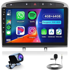 Hodozzy 8 Core 4G + 64G Android Car Radio for Peugeot 308 408 2007-2015.9 Inch IPS Touchscreen Screen Navigation with Wireless Carplay Android Car, 2 DIN Radio Bluetooth DSP WiFi FM RDS Reversing