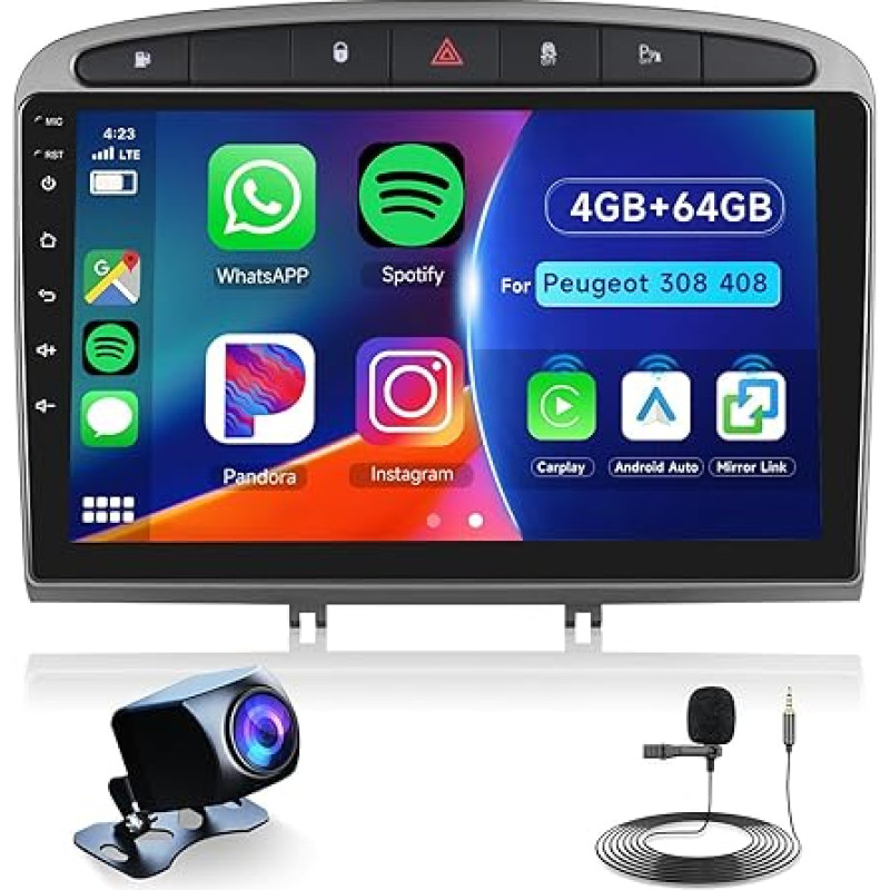 Hodozzy 8 Core 4G + 64G Android Car Radio for Peugeot 308 408 2007-2015.9 Inch IPS Touchscreen Screen Navigation with Wireless Carplay Android Car, 2 DIN Radio Bluetooth DSP WiFi FM RDS Reversing