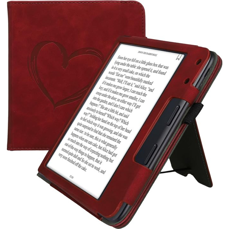 kwmobile Protective Case Compatible with Kobo Kobo Libra Colour / Tolino Vision Colour Flip Case - Cover with Hand Strap - Heart Brush Dark Red
