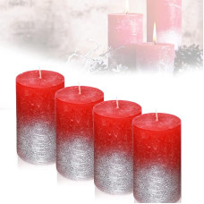 Candelo Set of 4 Ambiente Rustic Pillar Candles - Red Metallic Silver - Large Candle 12 cm - Burning Time Approx. 54 Hours Christmas Candles Advent Wreath