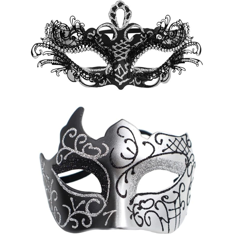 Masquerade Mask for Couples: Silver Carnival Mask with Shiny Rhinestone Venetian Party Mask Halloween Costume Accessories