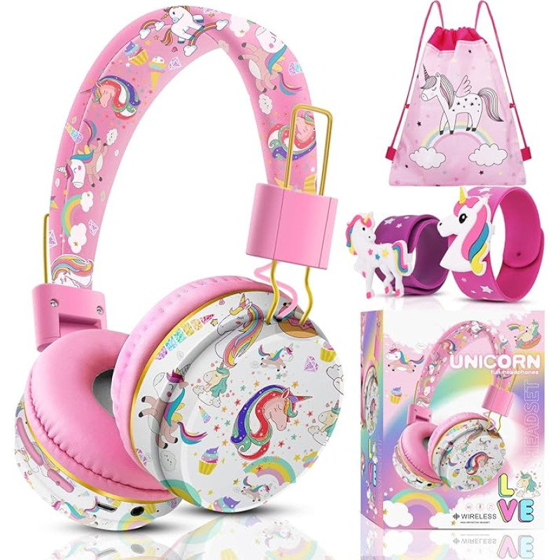 JYPS Children's Bluetooth Headphones, Unicorn Headphones Wireless Children with Cable, Bluetooth Headphones Over Ear for Girls with Microphone, School Toddler Headphones from 3-10 Years, for