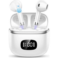 Bluetooth Headphones, Wireless Bluetooth 5.3 Headphones with ENC Noise Cancelling Mic, In-Ear HiFi Stereo, 40 Hours Playtime, LED Display, USB-C, Earphones Bluetooth for Work, Game, Sports, White