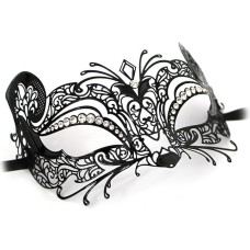 Handmade Original Venetian Mask Women's Metal Mask Micio Lux Black with Rhinestones