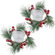 GORGECRAFT Set of 2 15 cm Christmas Wreath Candle Holders Artificial Red Berry Pine Needles Christmas Tea Light Candle Holder with Glass Centrepiece Cups Green Garlands Ring for Party Table Decoration