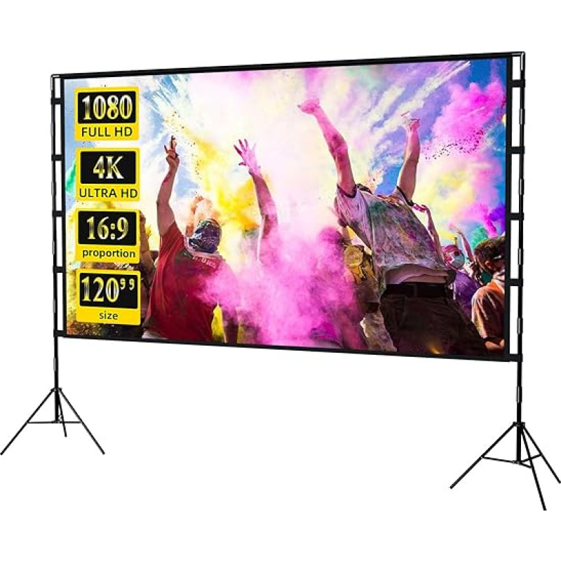 Projector Screen and Stand, 120 Inch Portable Projector Screen for Indoor Outdoor 16:9 4K HD Wrinkle Free Lightweight Film Screen with Carry Bag for Backyard Movie Night 120 Inch