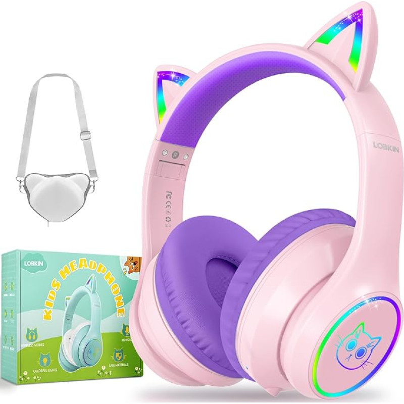 LOBKIN Children's Bluetooth Headphones, Over Ear Children's Headphones Wireless with Microphone 50H Playtime Colourful LED Lights AUX Cable 94 dB Safe Volume Limited Foldable Design for Boys Girls