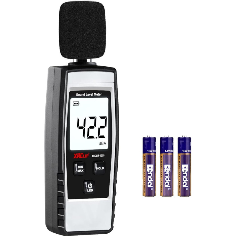 Skaitmeninis garso lygio matuoklis, rankinis garso dB matuoklis su programuojama signalizacijos funkcija, 30-130 dB(A) decibelų, triukšmo matuoklis su LCD ekranu, Max/Min/Hold funkcija, pilkos spalvos