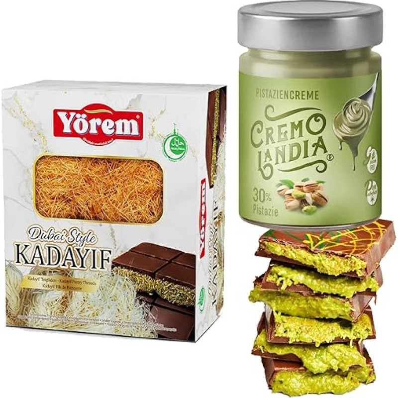 Roasted Ready-to-Use Dough Threads Kadayif for Dubai Style Chocolate Kunafeh, Dubai Cikolata Kadaif, Baklava, Dough Threads Angel Hair Dough Thread 200 g with Pistachio Cream 200 g