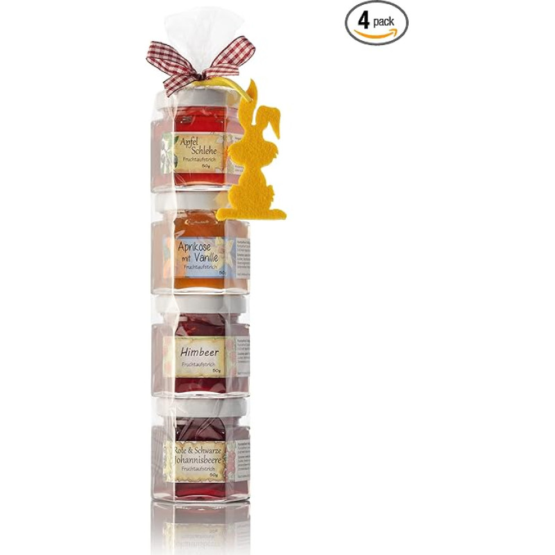 Velykinis vaisių tepinių dovanų ritinėlis - Velykoms skirtas uogienių vaisių tepinių dovanų rinkinys iš Allgäu - 4 x 50 g naminių vaisių tepinių - Velykų zuikio pakabukas