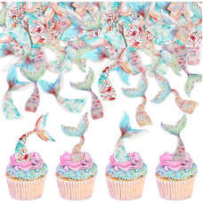 Blumomon Pack of 40 Mermaid Cupcake Toppers, Edible Birthday Cake Toppers, Under the Sea Party Supplies, Cake Decoration, Ocean Party