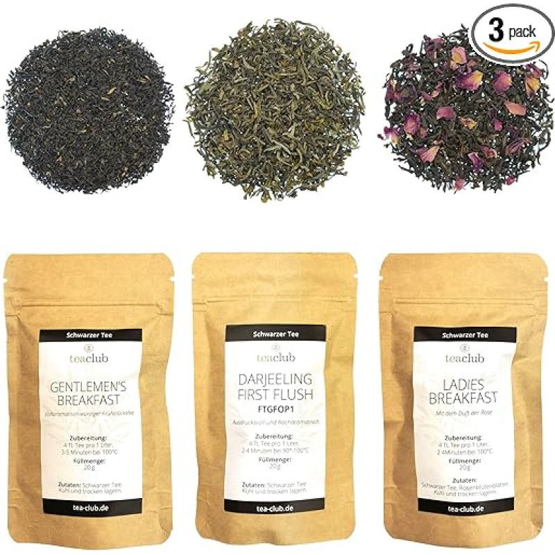 Black Tea Loose Tasting Set Gift Set 3 x 20 g, Signature Collection Black Tea Assam and Darjeeling Tea, TeaClub Black Tea