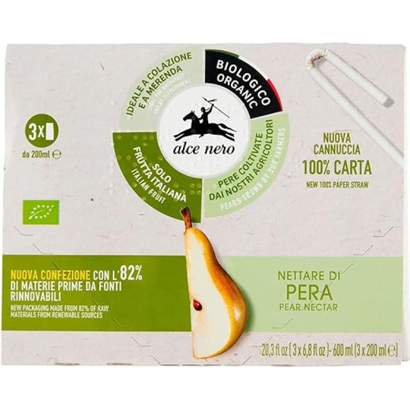 Alce Nero Nettare Biologico di Pera Biological Pear Nectar 3 Brik 200 ml Pack of 6