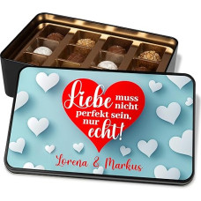 Valentino dienos dovana - asmeninė dovanų skarda Meilė neturi būti tobula, tik tikra! - Metalinė skardinė su 12 saldumynų ir šokolado saldainių Valentino dienos meilės dovana