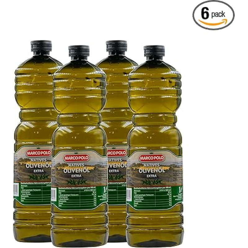 Food-United Marco-Polo Virgin Olive Oil Extra 6 x 1 Litre Virgine Olive Oil from EU for Healthy Roasting Cooking Salad Dressing Perfect for Bruschetta Pasta & Meat - Cold Pressed Mechanically