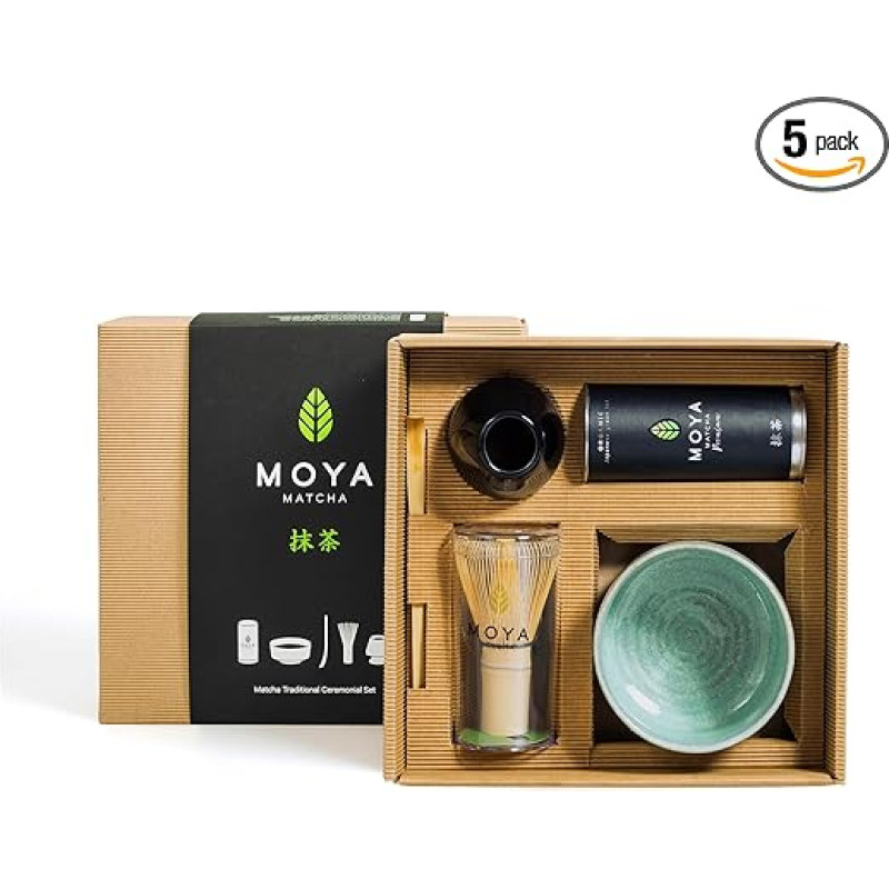 Organic Moya Matcha Tea Set Powder Green | Organic 30 g Premium Class (I) | Packaging + Matcha Bowl + Bamboo Whisk + Broom Holder + Bamboo Spoon | Set for Matcha Preparation | Gift Set