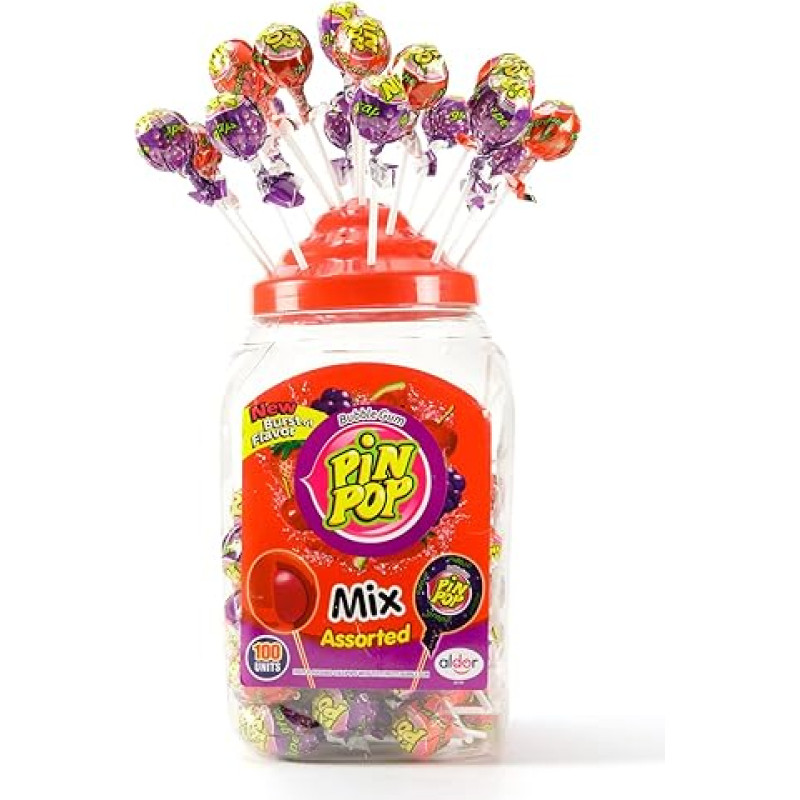 Pin Pop Bubblegum Filled Centre Lollipops (Gelatine Free) (Assorted Mix)