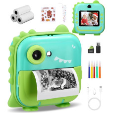 Vaikiškas momentinis fotoaparatas, skaitmeninis fotoaparatas vaikams, su 1080P HD ekranu, 32 GB TF kortele, 5 spalvų rašikliais ir USB kortelių skaitytuvu, skirtas 3-12 metų vaikams (mėlynos ir žalios spalvos, 17,4 x 15,8 x 6,1)