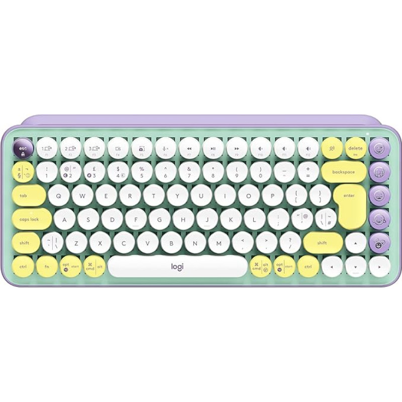 Logitech POP Keys Mechanical Wireless Keyboard with Customizable Emoji Keys, US QWERTY Layout - Green/Purple