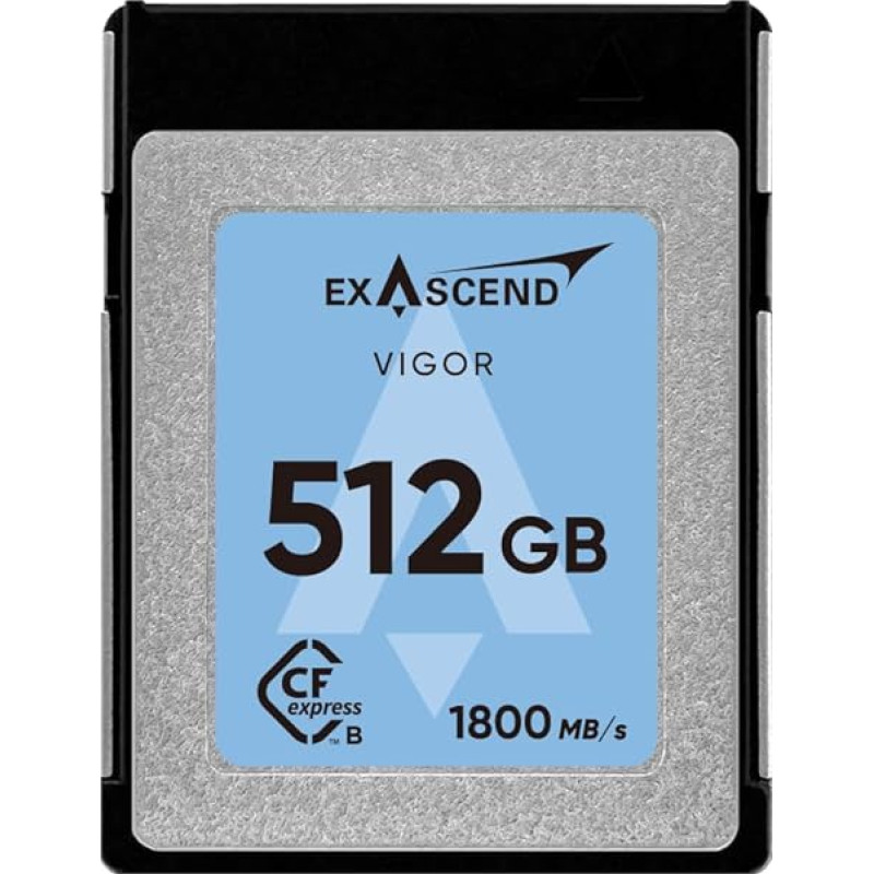 Exascend VIGOR PRO-CINEMA 512GB CFexpress B tipo 1700MB/s rašymo greitis, 1800MB/s skaitymo greitis, skirtas RAW 8K vaizdo įrašams profesionaliems DSLR ir vaizdo kameroms, ilgalaikis