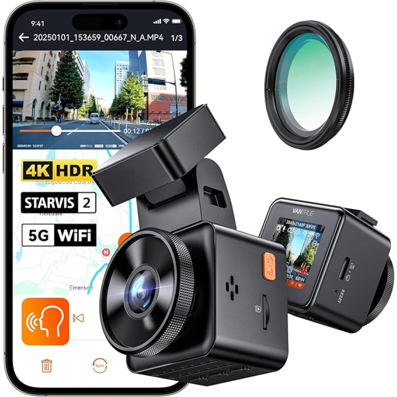 VANTRUE E1 Pro 4K HDR STARVIS 2 Dash Cam Car Front, 5 GHz WLAN Mini Dash Cam with CPL, GPS Voice Commands, 15 Seconds Buffer Parking Monitoring, Great Night Vision, 1.54 Inch 160° Hidden Car Camera,