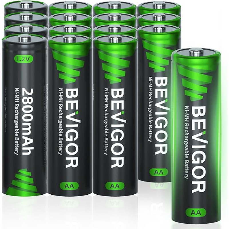 BEVIGOR AA baterijos, 2800 mAh 1,2 V baterijos, didelės talpos AA NiMH įkraunamos baterijos, 16 vnt., iš anksto įkrautos