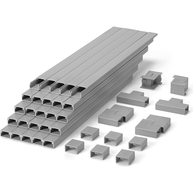 10 m Cable Duct Set for TV Wall Mounting - Self-Adhesive Cable Rail (Grey) - Pack of 25 Cable Hiding 40 x 2.4 x 1.4 cm - Surface Installation for Household and Office
