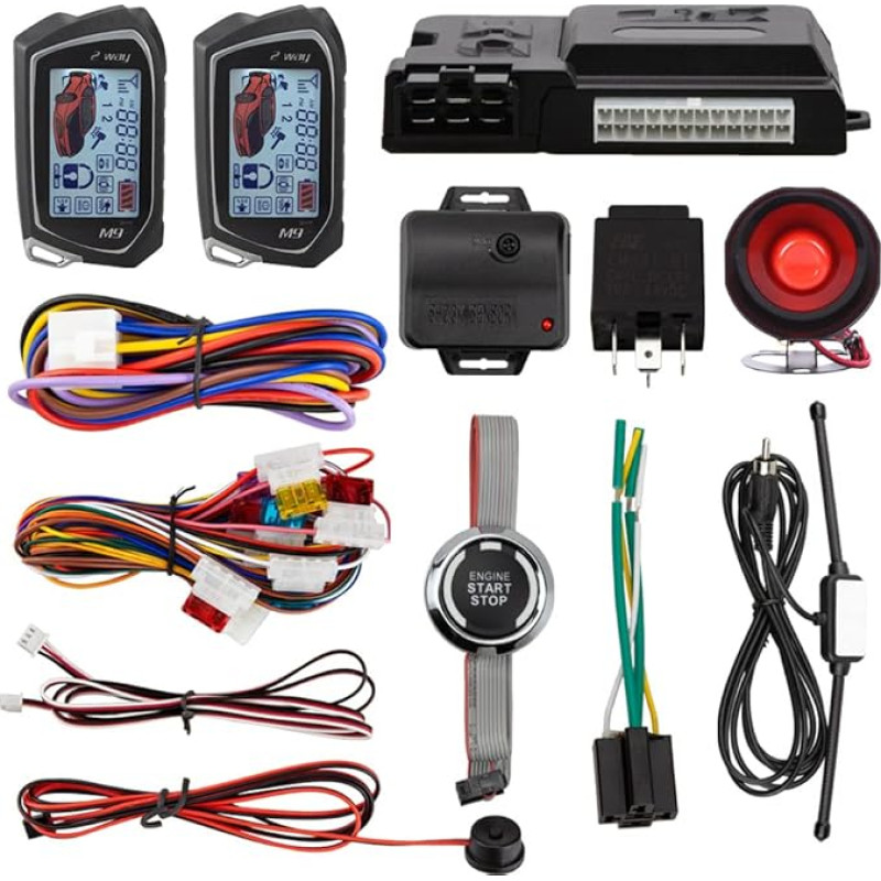 EASYGUARD EC207-M9-SR 2 būdų automobilio signalizacijos apsaugos rinkinys LCD Pager ekranas Push Start mygtukas Nuotolinis variklio paleidimo valdymas su sirena DC12V