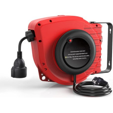 Automatinė 15 m + 1,5 m lauko kabelių ritė, skirta 1500 W (didžiausia apkrova be ritės: 3200 W), su 180° kampu pasukamu sieniniu laikikliu, atstatymo mygtuku ir reguliuojamu stabdžiu
