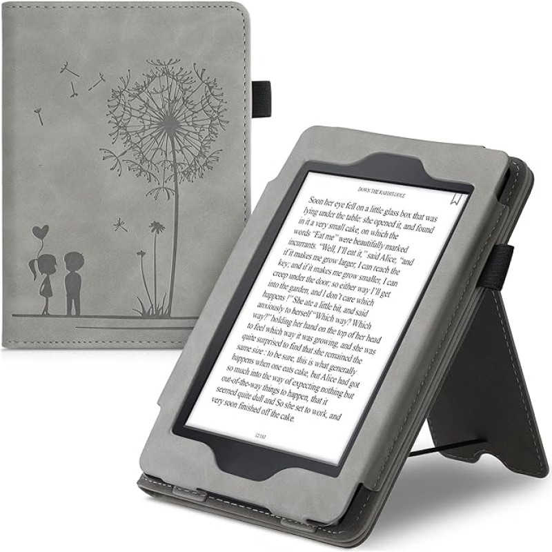 kwmobile Flip Case Compatible with Amazon Kindle Paperwhite - Hand Strap - Cover Dandelion Love Grey (for Models up to 2017)
