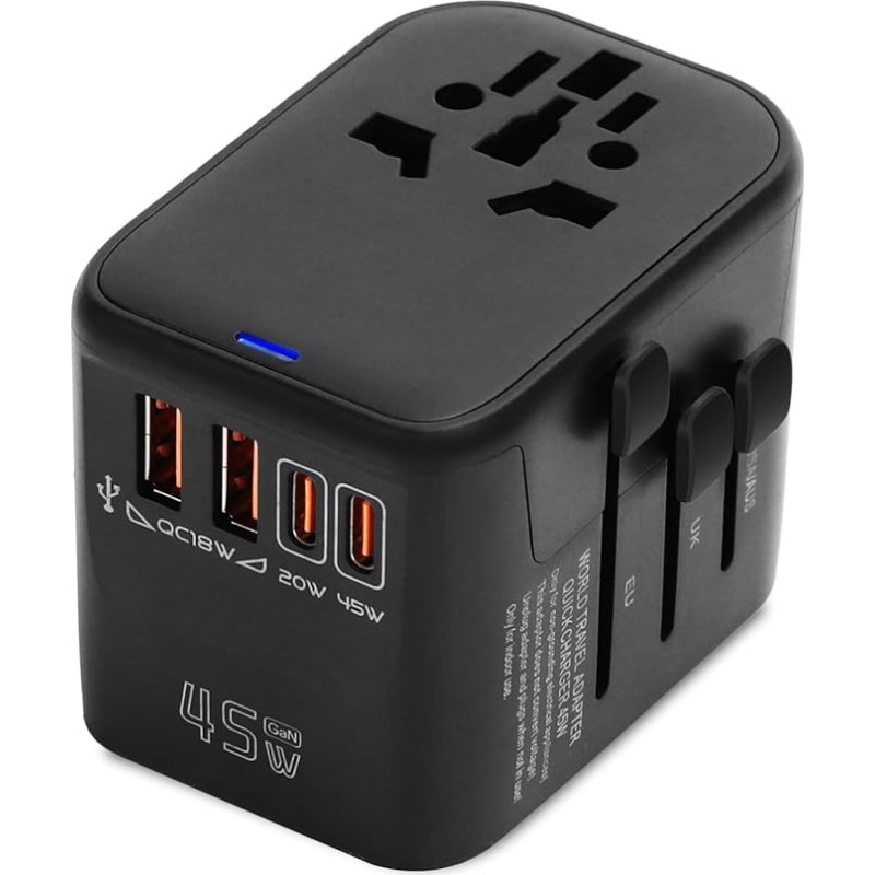 45W Travel Adapter Worldwide, Fast Charge International Socket Adapter, Travel Adapter with UK/USA/EU/AU Plug, Universal Travel Plug with 2 USB (QC 18W) & 2 USB C(PD 45W & PD 20W)