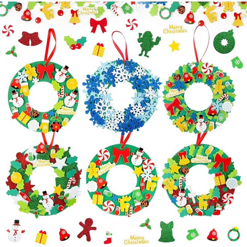 BETESSIN 372 Pieces Craft Set Christmas Wreath for Children 6 Pieces Christmas Wreath Children Christmas Craft Wreaths Creative Set Christmas Decoration Wreath Door Wreath DIY Craft Supplies