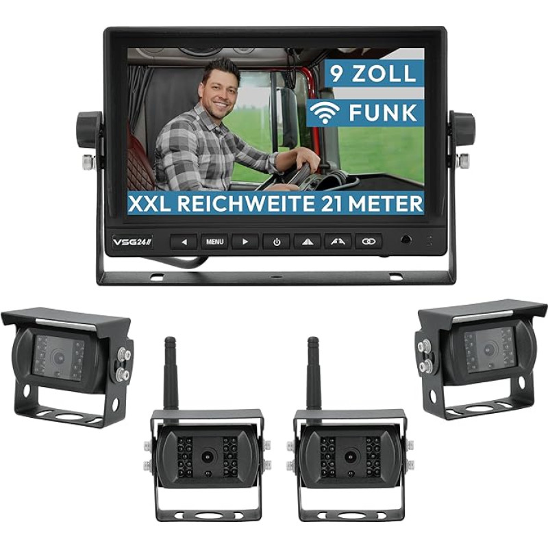 VSG Evolution HD XL 24 9 colių belaidė atbulinės eigos sistema nameliams ant ratų ir sunkvežimiams, belaidis automobilinis rinkinys, įskaitant 4x atbulinės eigos kamerą + monitorių, lengva montuoti 