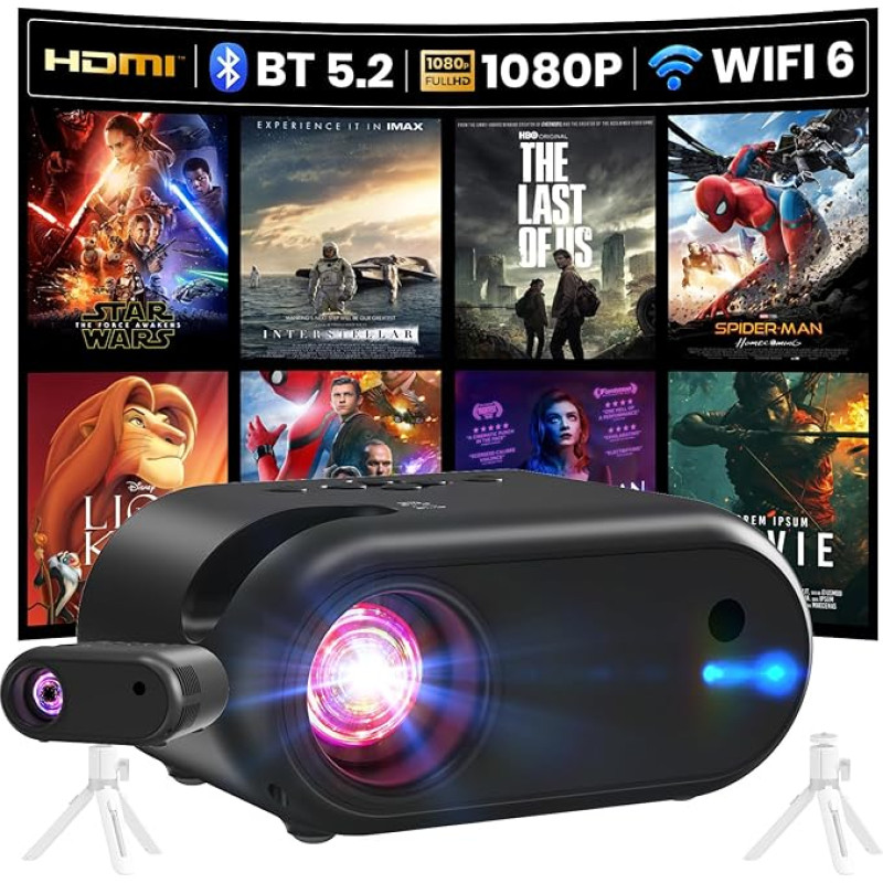Mini Projector with Tripod 1080p WiFi and Bluetooth Support Portable Projector Compatible with Smartphone, HDMI, USB, TV Stick, for Home, Outdoor and Bedroom, White