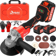 DELPHI Angle Grinder Battery 21 V, 1200 W, 125 mm, Brushless Motor, M10 Spindle Thread - Cutting Grinder & Battery Flex with 2 Batteries, Transport Case - For Cutting, Grinding & Polishing