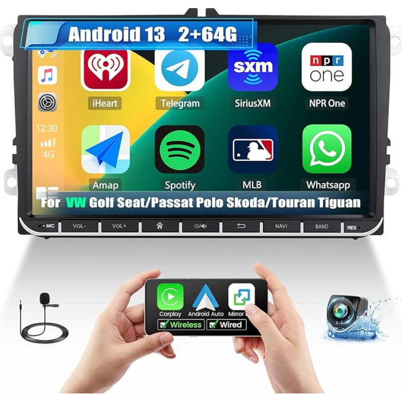2 + 64 GB Car Radio for VW Passat Golf MK5 MK6 Jetta T5 EOS Polo Touran Seat Sharan Avec Carplay Android Car, 9 Inch Ecran Tactile Radio Avec Bluetooth WiFi GPS FM/RDS EQ SWC + Caméra de recul
