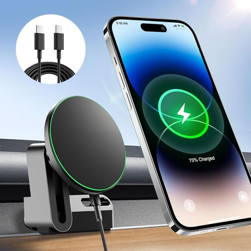 15W Wireless Charging Mount for Tesla Model Y Model 3, Car Mount Chargers for MagSafe, Fits iPhone 16 15 14 13 Pro Max Mini and Android, with 1.5M C to C Cable, Model 3/Y Accessories