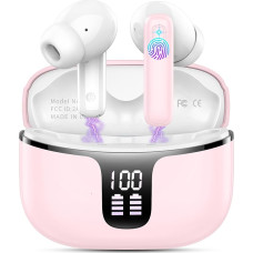Bluetooth Headphones, Wireless Bluetooth 5.3 In-Ear Headphones with 4 ENC Noise Cancelling Mics, 40 Hours HiFi Stereo Wireless Headphones with LED Display, IP7 Waterproof Earphones for Sports, Pink