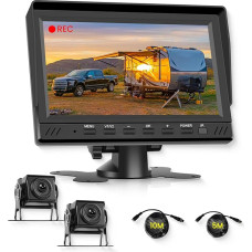 Atbulinės eigos kameros rinkinys su 7 colių HD monitoriumi, 1080P, 2 x kamera, atsparus vandeniui, ypač geras naktinis matymas, atbulinės eigos kameros kabelis su įrašymo kilpa, padalintas ekranas, veidrodžio keitimas 12V-36V